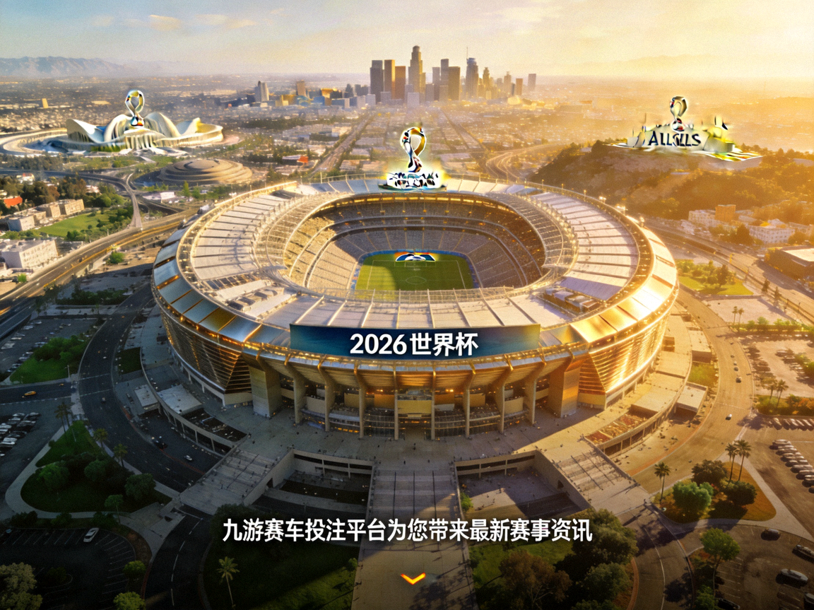 2026世界杯主办城市洛杉矶体育场鸟瞰图，宏伟的场馆建筑与周边城市景观，九游赛车投注平台为您带来最新赛事资讯